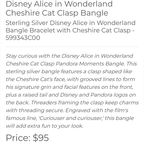 New Pandora Disney Alice in Wonderland Cheshire Cat Clasp Pandora Moments Bangle - Picture 4 of 4